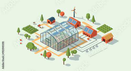 Isometric illustration of a sustainable farm with solar panels, greenhouse, and crops. Ideal for illustrating concepts like renewable energy, eco-friendly agriculture, or green living.