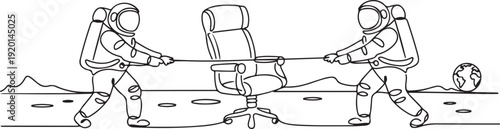 Single continuous line drawing two emotional astronaut fighting over office chair. A rare luxury office chair to be used in moon surface. one line Icon drawing