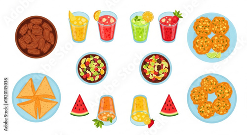 Colorful illustration of various snacks and drinks on plates and glasses including cookies sandwiches salads smoothies and fruit slices on a white background
