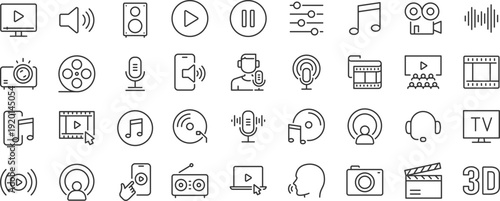 Audio and Video web icons. Cinema, speaker, online, picture, play button, music, collection. Editable stroke. Vector