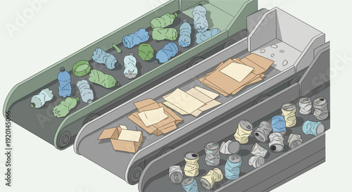 Illustration of a recycling sorting line, with conveyor belts carrying plastic bottles, cardboard boxes, and aluminum cans. Ideal for illustrating concepts of waste management and sustainability.