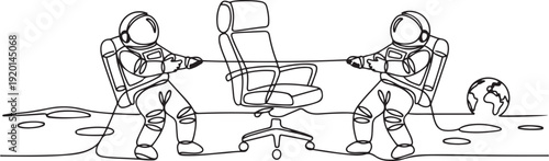 Single continuous line drawing two emotional astronaut fighting over office chair. A rare luxury office chair to be used in moon surface. one line Icon drawing