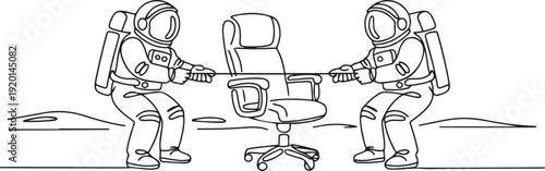 Single continuous line drawing two emotional astronaut fighting over office chair. A rare luxury office chair to be used in moon surface. one line Icon drawing