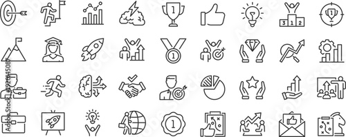 Success web icons. Handshake, growth profit, innovation, increase sale, coaching, progress, strategy, achievment, collection. Editable stroke. Vector