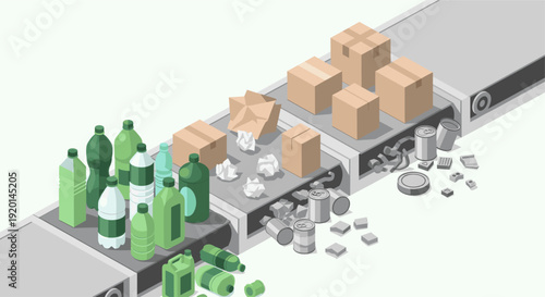 Isometric illustration of a recycling plant conveyor belt sorting different waste types: plastic bottles, cardboard boxes, aluminum cans and paper. Clean and modern, concept of sustainability.