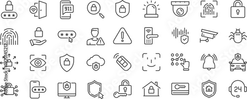 Security web icons. Guard, cyber security, password, smart home, safety, data protection, key, shield, lock, unlock, eye access. Editable stroke. Vector