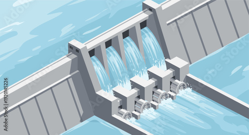 Isometric illustration of a hydroelectric dam with flowing water and turbines. Represents renewable energy, power generation, and infrastructure projects. Suitable for eco-friendly campaigns.