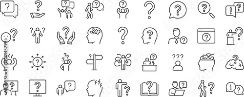 Question web icons. Question mark, insecure person, confused, quiz question, collection. Editable stroke. Vector