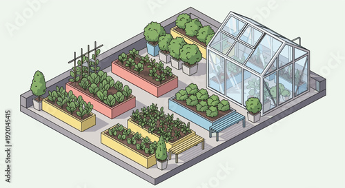 Colorful isometric illustration of a rooftop garden with raised garden beds, benches, potted plants, and a greenhouse. Ideal for illustrating urban gardening, sustainability, and green initiatives.