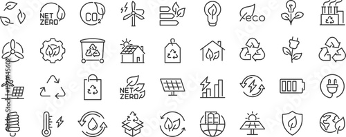 Ecology and Energy web icons. Nature green, electric car, organic, renewable energy, green technology, environmental energy collection. Editable stroke. Vector
