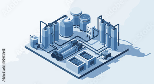 An isometric illustration of a blue-toned water purification system, suitable for representing environmental solutions, industrial processes, or sustainable technology in a clean and modern style.