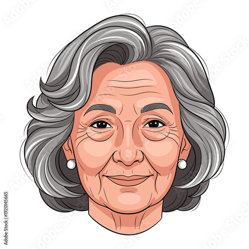 Portrait of a smiling elderly woman with gray hair and wrinkles, vector illustration