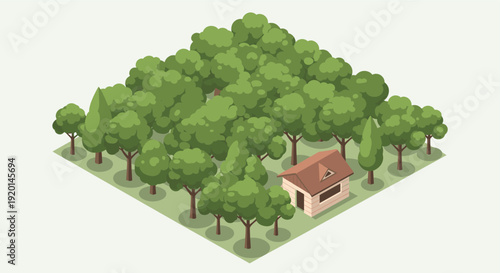 An isometric vector illustration of a small cabin nestled within a dense forest. Useful for architectural visualizations, game design, or ecological concepts. Flat design aesthetics.