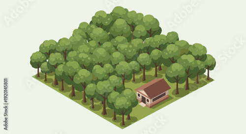 A cartoon-style isometric illustration of a house nestled within a dense green forest, creating a peaceful and secluded scene. Ideal for backgrounds, game assets, or design projects.
