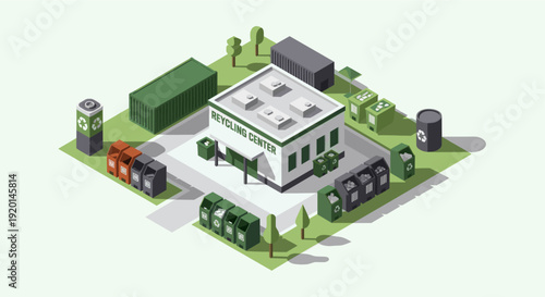 Isometric illustration of a recycling center facility with recycling bins, shipping containers, and stylized trees. Ideal for illustrating sustainability, waste management, and environmental concepts.