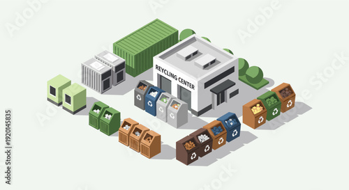 A clean, isometric illustration of a recycling center with different colored bins, containers, and a building. Ideal for sustainability projects and environmental awareness campaigns.
