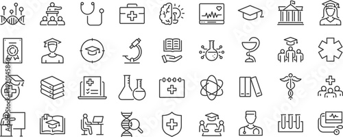 Medical Education web icon set. Medicine, college, student, learning, book, collection. Editable stroke. Vector
