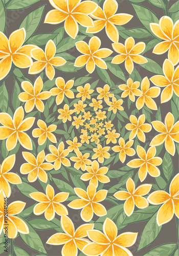 Beautiful floral pattern featuring vibrant yellow plumeria flowers and lush green leaves on a grey background