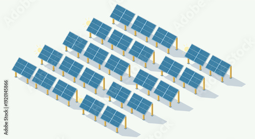 Isometric illustration of solar panels generating clean energy. Depicts sustainable power generation for environmental awareness and renewable energy themed projects.