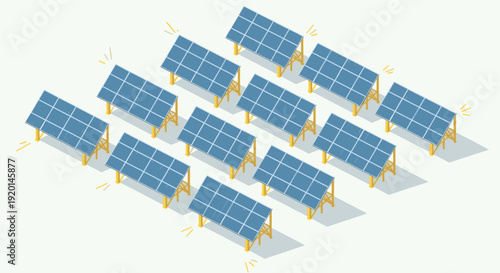 Isometric illustration of solar panels in a neat array, representing sustainable energy and renewable resources. Perfect for infographics, presentations, or visual aids on green technology.