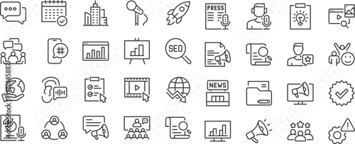 Public Relations web icons. Social media, interview, reputation, press, feedback, planning, news, collection. Editable stroke. Vector