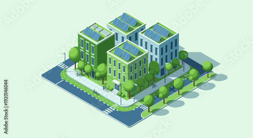 Isometric illustration of a modern city block with buildings utilizing solar energy, surrounded by greenery and a dedicated bicycle path. Depicts sustainability and eco-friendly urban planning.