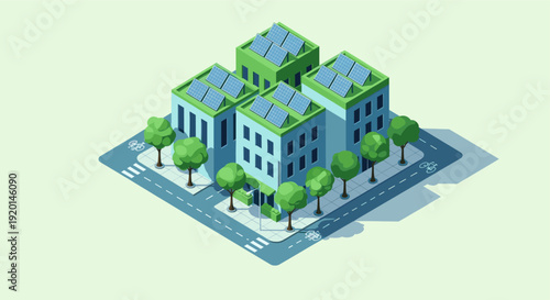 Isometric illustration of a sustainable urban environment with buildings featuring solar panels, trees, and bicycle lanes, perfect for eco-friendly concepts.