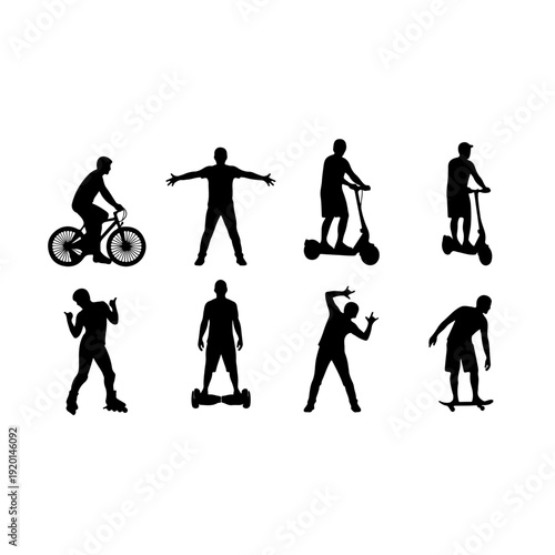 Human silhouette set performing activities with bicycle kick scooter electric board and rollerskating for urban transportation sports lifestyle and healthy eco friendly commute concept art.