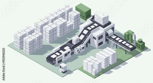 Isometric vector illustration of a recycling plant with conveyor belts and stacks of recycled paper. Use for environmental, sustainable, or industrial themes.