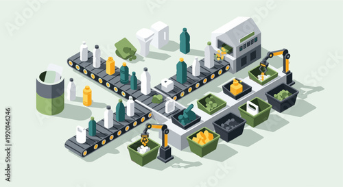 An isometric illustration of a recycling factory. Features a conveyor belt, robotic arms, workers, and waste sorting, suitable for environmental or industrial designs.