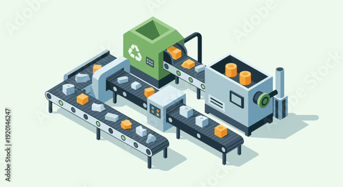 Isometric illustration of a recycling and manufacturing process with conveyor belts and machinery. Use for concepts like automation, waste management, and industrial production.