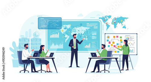 Business meeting with presentation and data analysis.