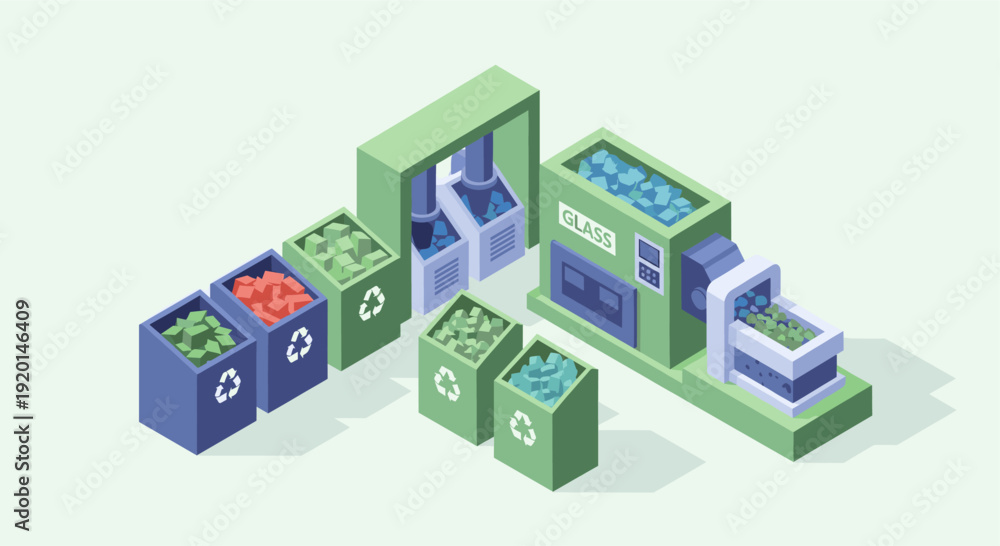 Fototapeta premium Isometric illustration of a recycling and manufacturing process with conveyor belts and machinery. Use for concepts like automation, waste management, and industrial production.