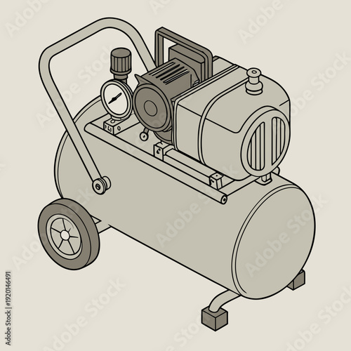 Portable air compressor with tank, motor, and wheels, detailed isometric line art illustration on a muted background.