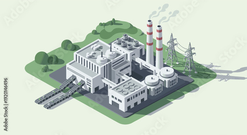 Isometric illustration of a coal power plant. Includes conveyor belts, smokestacks, and power lines. Ideal for clean energy concepts, power generation or industrial infographics.