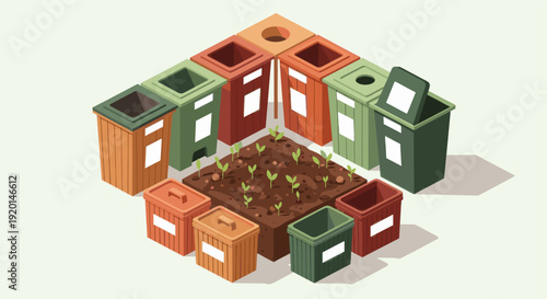 Illustration showing composting bins, soil, and garden tools. Ideal for environmental concepts, sustainable living, gardening, and recycling projects.