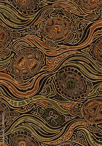 Artistic illustration of a repeating pattern featuring sea turtles swimming in an ocean current.