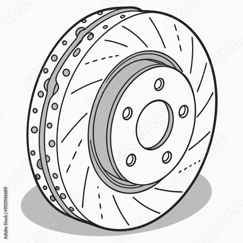 Illustration of a high-performance vented and slotted brake disc rotor, isolated on white background, vector art.