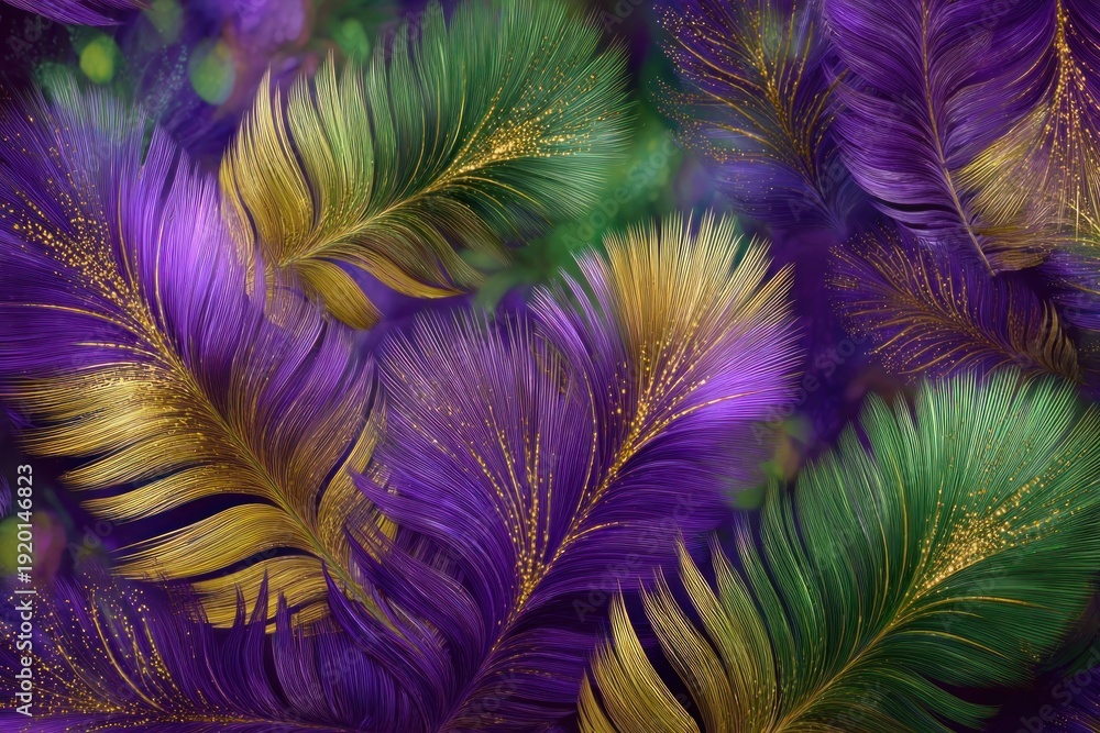 Obraz premium Vibrant purple and green feathers adorned with golden accents create a stunning, textured pattern.