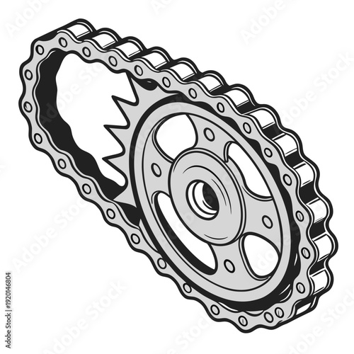 Illustration of a motorcycle or bicycle chain wrapped around a drive sprocket, representing mechanics, power, and motion.