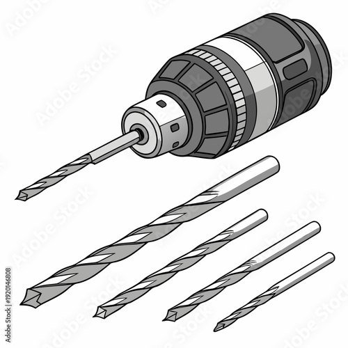 Detailed illustration of a power drill and various drill bits, representing tools, construction, DIY projects, and mechanical work.