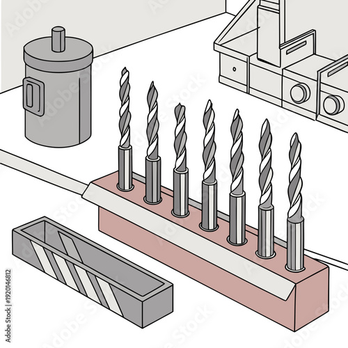 Collection of drill bits in a holder on a workbench, alongside a file and other workshop tools, for construction and DIY projects.