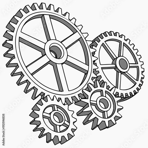 Illustration of multiple interlocking gears, symbolizing complex mechanical systems, engineering, industry, and synchronized motion.