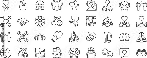 Friendship web icons. Interaction, friend, relationship, mutual assistance, social responsibility, buddy, love, collection. Vector