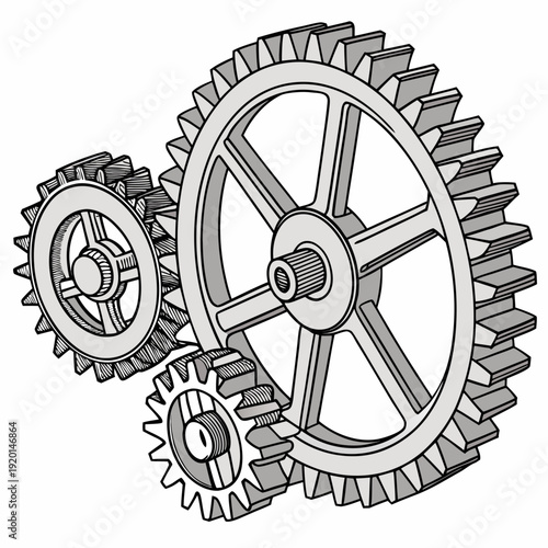 Illustration of interlocking gears, representing mechanical systems, engineering, teamwork, and industrial processes.