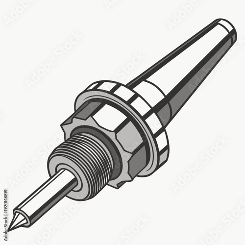 Precision machining tool holder with a pointed tip, industrial equipment illustration in monochrome tones.