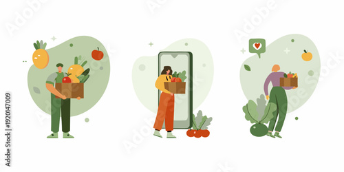 Illustration of people delivering and receiving fresh produce via mobile app