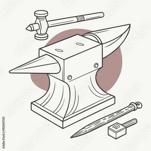 Blacksmith Anvil and Tools Illustration: Hammer, Punch, and Swage Block in Line Art Style