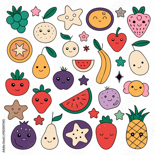 Cute cartoon fruits and berries with cheerful faces in a colorful pattern