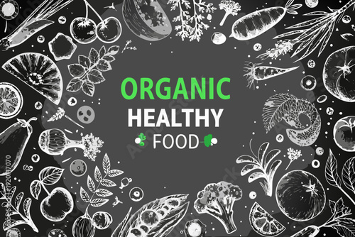 Sketch style arrangement of fruits vegetables and the words organic healthy food